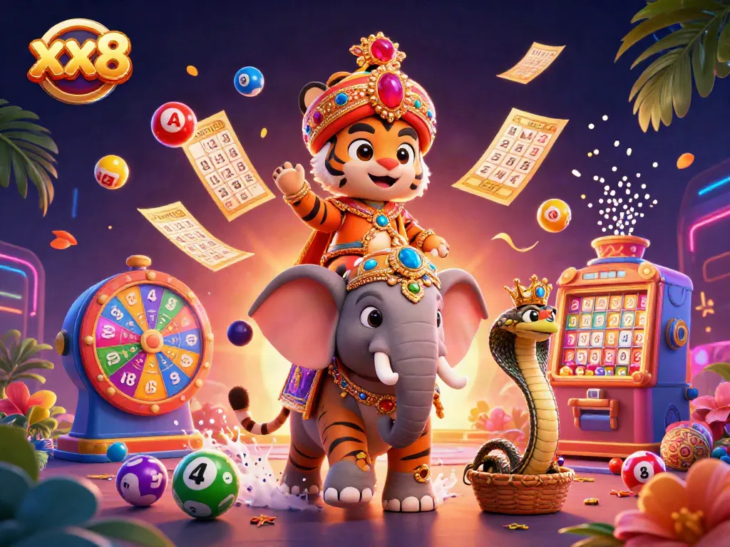 Experience exhilarating wins at xx8 with a vibrant scene of a jewel-encrusted elephant and maharaja amidst lively lottery elements.