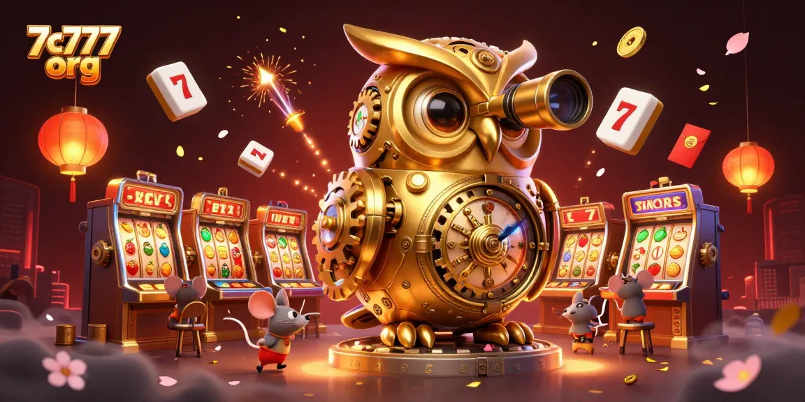 Engage with 7c777 org's lively casino scene featuring a golden owl scanning slot machines and vibrant elements.