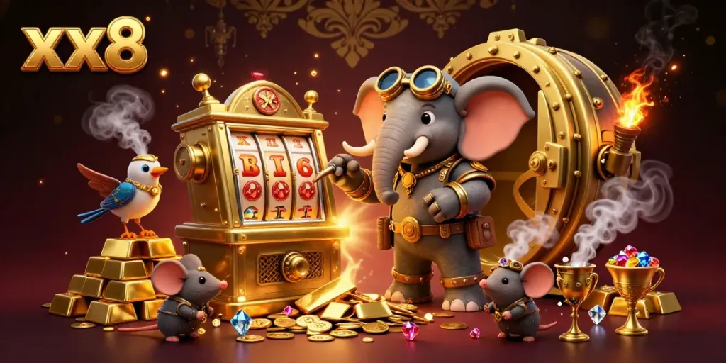 Spin the xx8 golden slot machine with a steampunk elephant engineer amidst treasure and jewels.