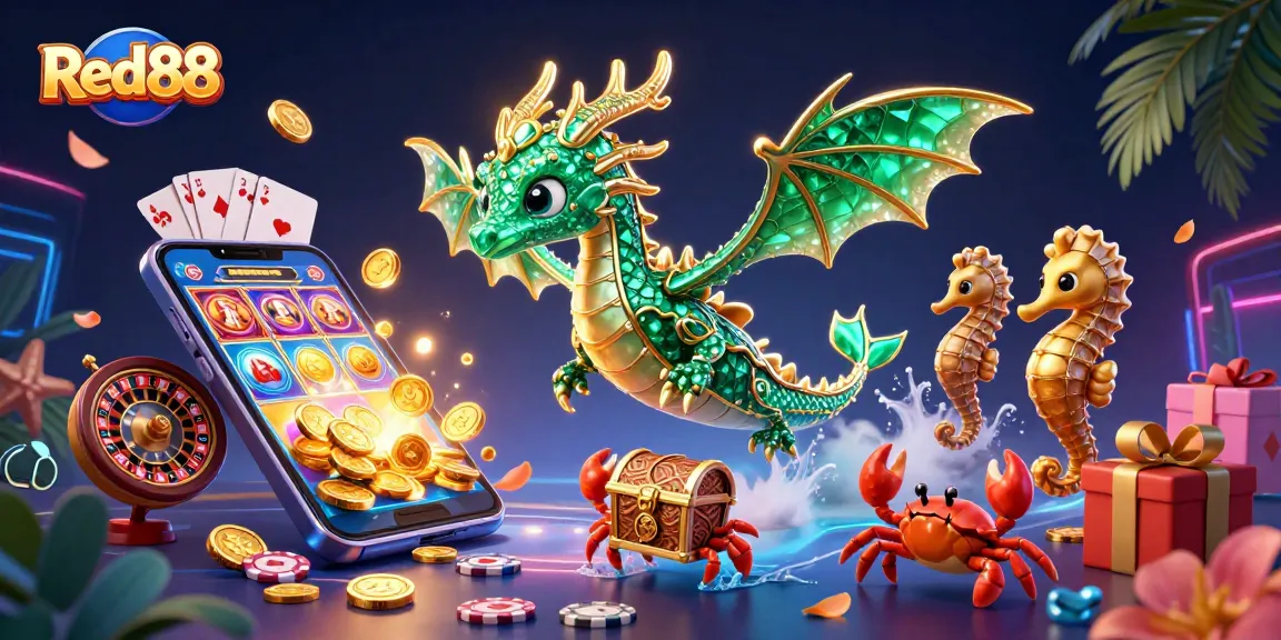Experience excitement at Red88 with vibrant 3D gaming elements depicting slot games and ocean adventure.