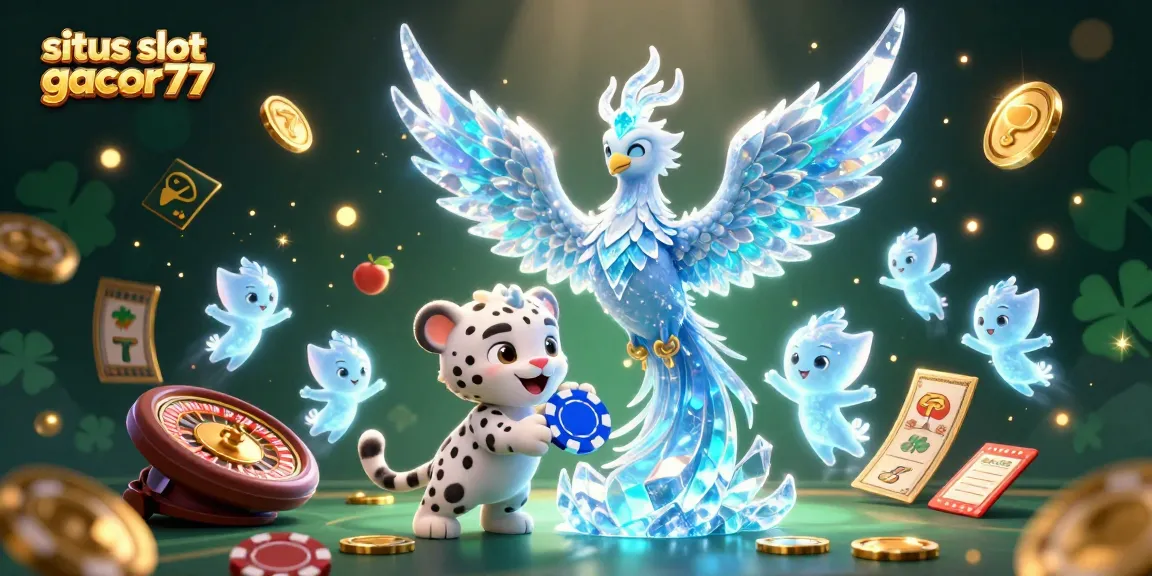 Engage with situs slot gacor77 and explore a whimsical casino scene featuring an ice phoenix and vibrant game elements.