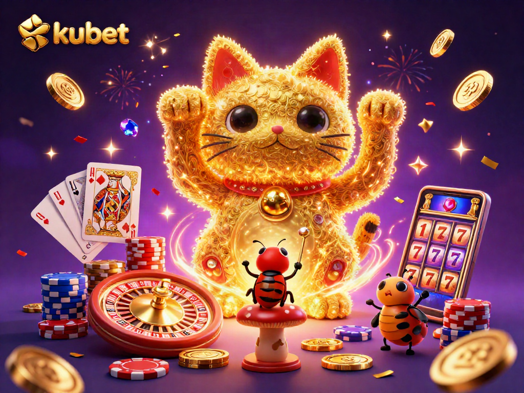 Spin the lucky cat, kubet fortune symbols, and sparkling jackpot elements flying in the air.