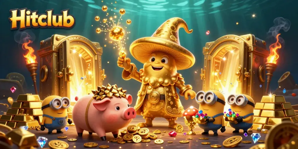 Hitclub wizard and treasures illuminate winning moments in this 3D casino scene.