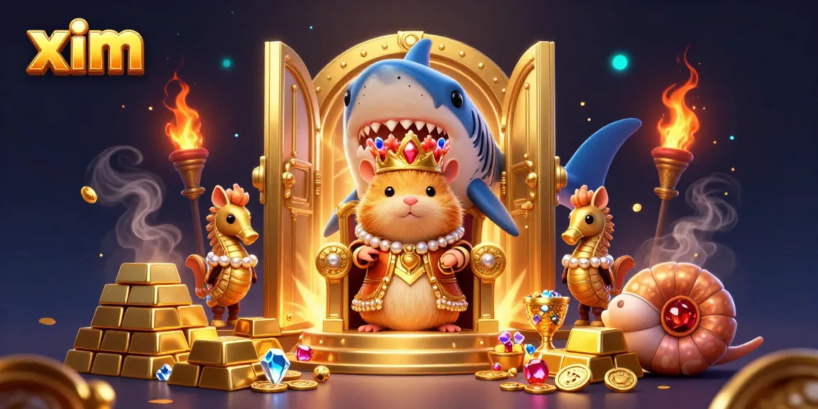 Experience the thrilling action of xim with a golden hamster king surrounded by treasure in an enchanting casino scene.