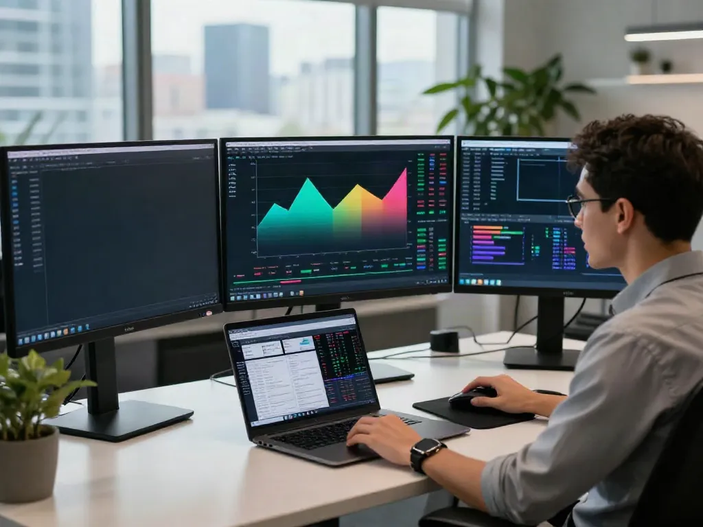 Trader engaging with MetaTrader 5 platform on multiple monitors in a modern workspace.