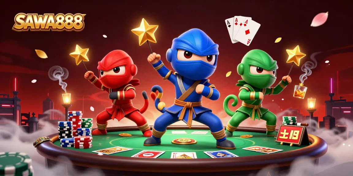 SAWA888 empowers players with excitement in a vibrant casino scene featuring ninja chameleons.