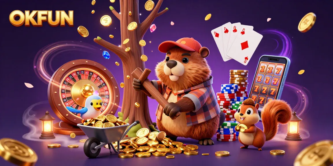 Engage with OKFUN's exciting gaming adventure featuring golden coins, vibrant characters, and dynamic casino elements.