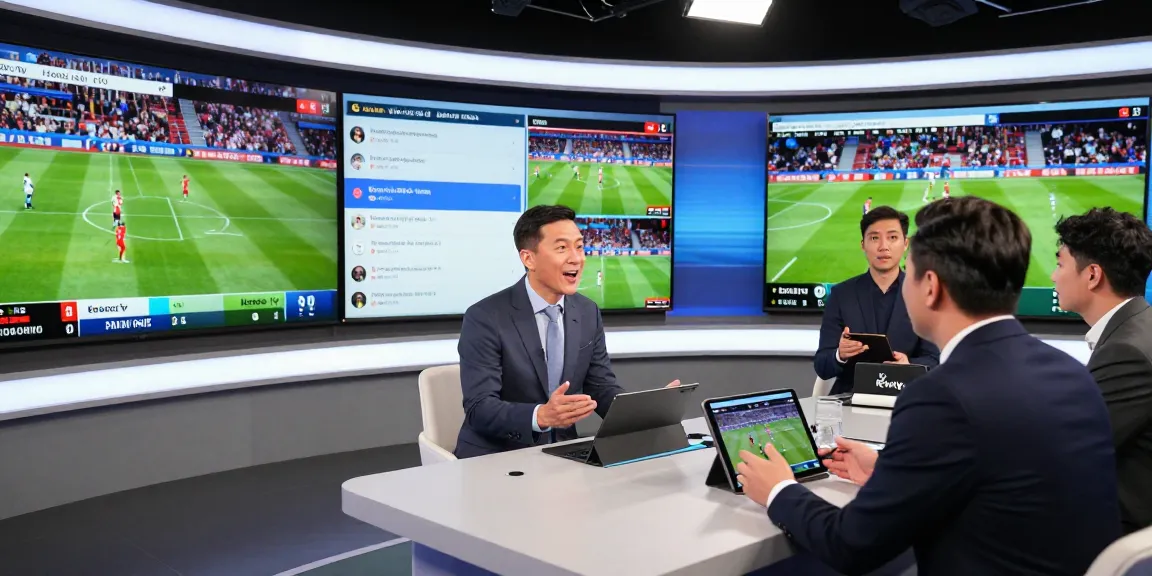 Sports analyst discussing koora tv and live matches with dynamic graphics in a modern studio.