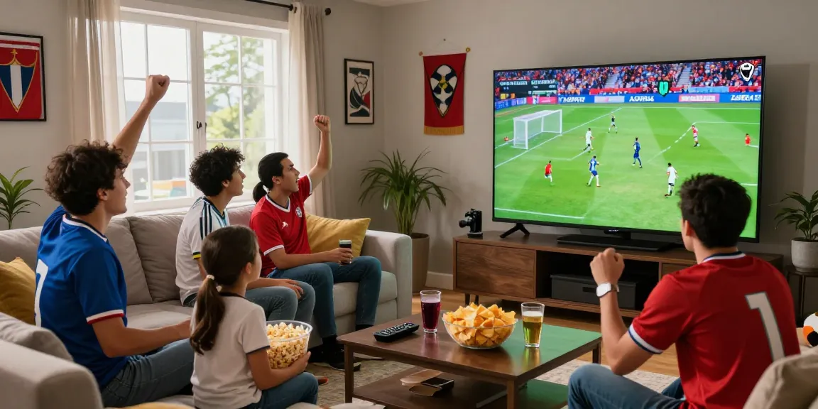 Excited fans enjoying koora live football match in a cozy living room with snacks and team jerseys.